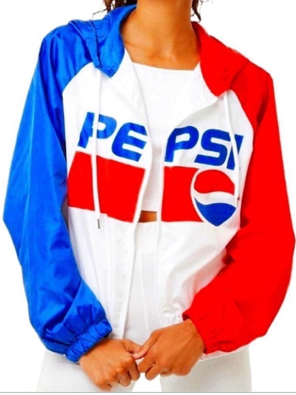 NWOT Pepsi Cola Spell Out Logo Windbreaker Jacket Red White Blue Hooded Small